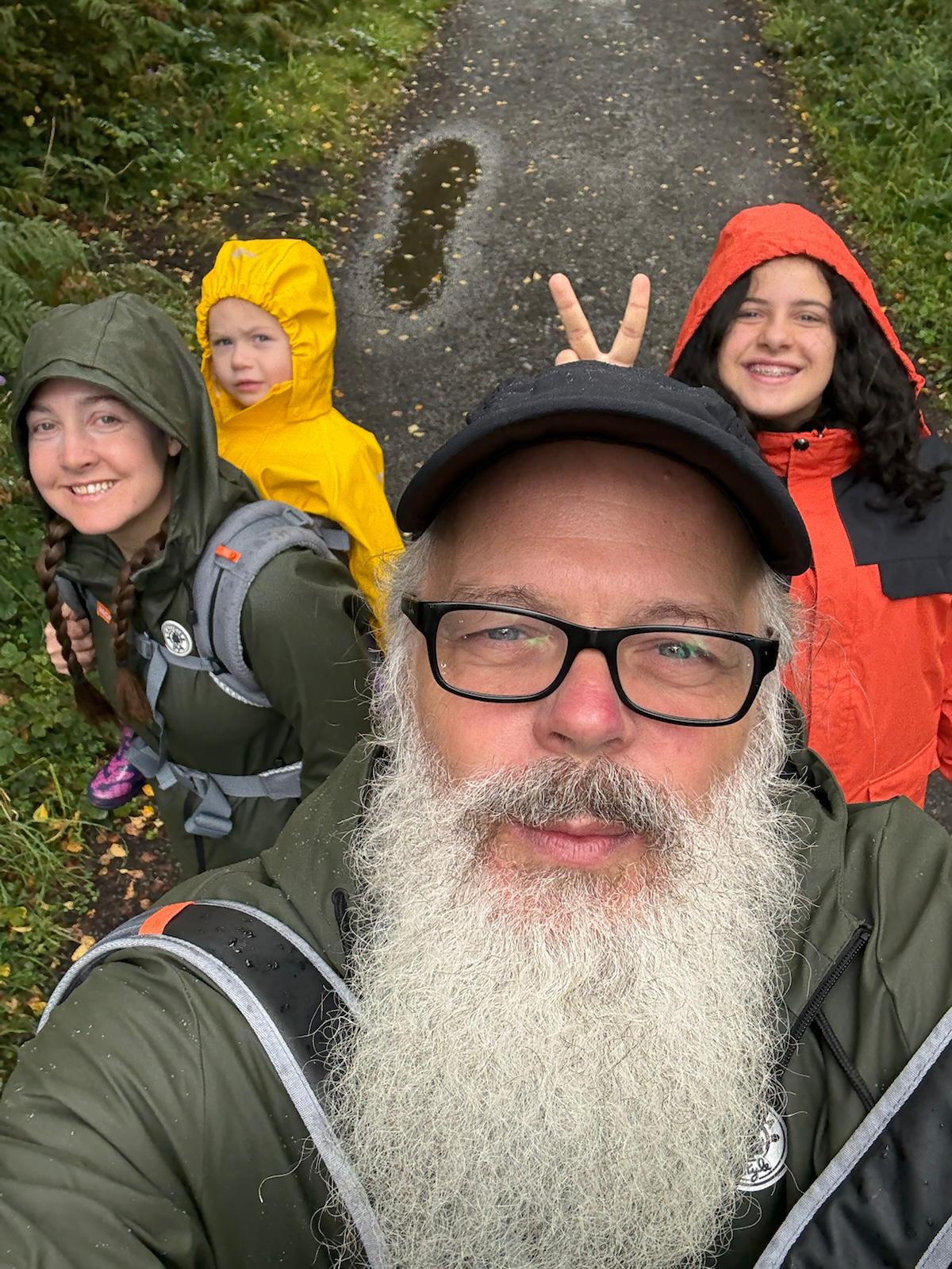 The Anderson family — Neal, Esther, and their children — on a woodland walk in Ireland